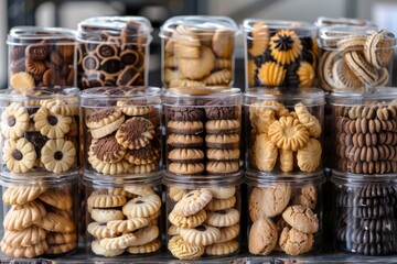 Eid hampers filled with various kinds of cookies in plastic jars. beautifully packaged with the feel of an Eid al-Fitr theme - generative ai - obrazy, fototapety, plakaty