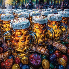Oktoberfest with beer in glass with colorful element, background, banner background for oktoberfest party festival