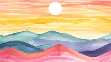 Colorful Watercolor Mountain Landscape at Sunset