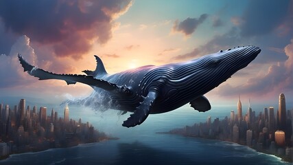 dragon flying in the sunsetA fantastical depiction of a massive whale soaring above a metropolis against a dusk sky, created with digital art. - obrazy, fototapety, plakaty