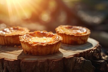 Freshly Baked Pies on a Wooden Stump with Sunlight
