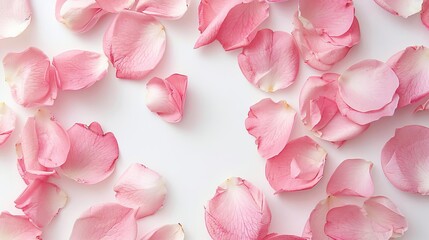 delicate pink rose petals scattered on white background high resolution photo