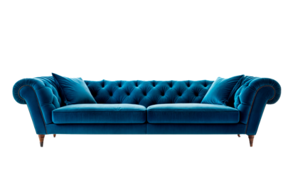 A blue couch with two pillows isolated on a png background.