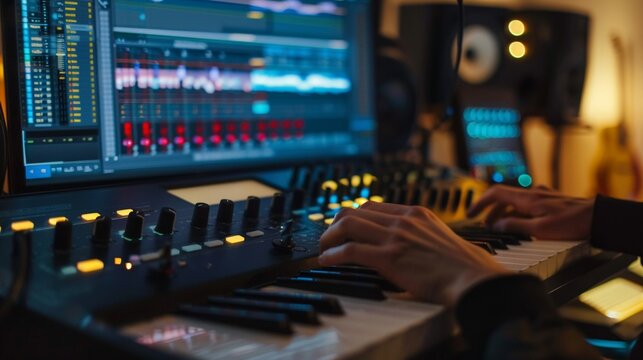 AIdriven music composition software creating intricate melodies and harmonies  ,close-up