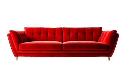 A red couch with wooden legs isolated on a png background.
