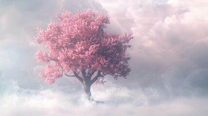 ethereal pink tree in cloudy background with blurred bottom and white smoke effect