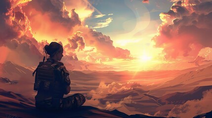 female soldier praying in desert mountains with dramatic clouds spiritual concept illustration