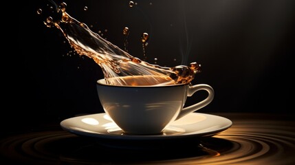 Dynamic splash of coffee in a cup with a dark background