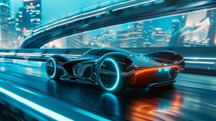 futuristic electric sports car driving on city highway with selfdriving technology charging at battery station hud interface wide banner 3d illustration
