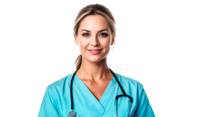 A female nurse with blonde hair and a stethoscope around her neck.