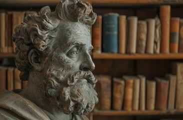 Bronze statue of a historical figure with a bookshelf background