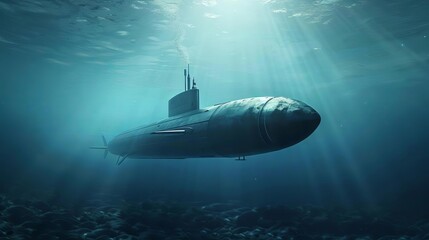 futuristic military submarine diving in deep blue ocean waters underwater warfare technology concept 3d illustration