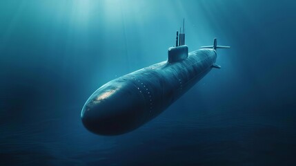 futuristic military submarine diving in deep blue ocean waters underwater warfare technology concept 3d illustration