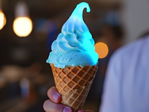 Hand holding a colorful ice cream cone with a blurred background