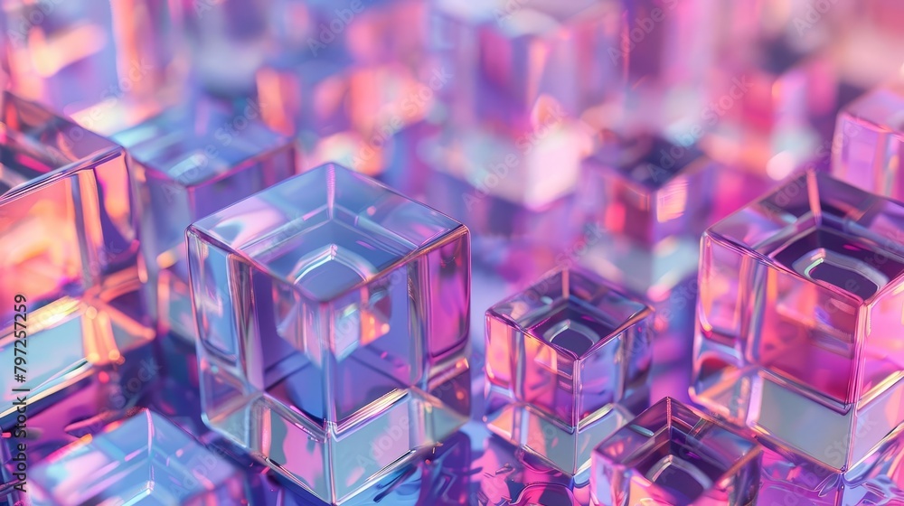 Poster iridescent interconnected glass cubes network abstract 3d render