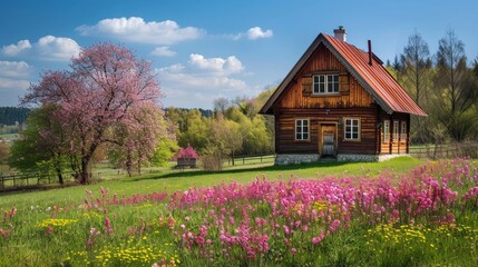 Idyllic countryside cottage in spring bloom