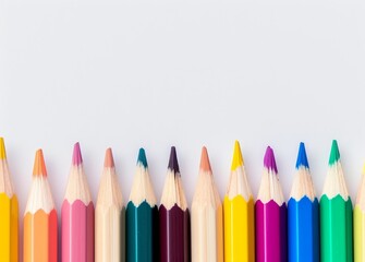 Colorful pencils lined up on a white background