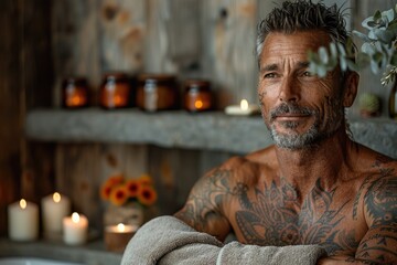 Serene spa indulgence, a glamorous older man luxuriates in a tranquil spa setting, embodying body and facial care, surrounded by health-enhancing lotions and wellness items for ultimate relaxation