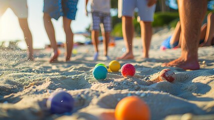 joyful people playing boules on sand with colorful balls summer holiday activity