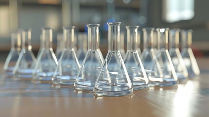 laboratory glassware beakers lined up on table realistic 3d illustration - obrazy, fototapety, plakaty
