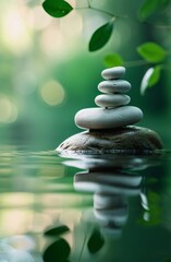 Zen stones in balance by tranquil water