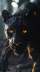 3D render of a black panther with golden eyes lurking in the shadows - obrazy, fototapety, plakaty