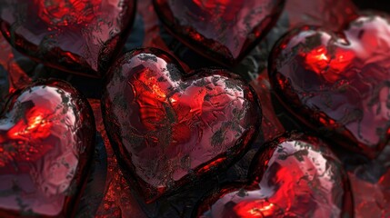Deep red hearts with shiny metallic surface - obrazy, fototapety, plakaty