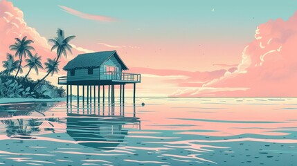 Detailed illustration of a beach hut on stilts above water - obrazy, fototapety, plakaty