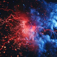Electric sparks in red and blue shooting from a central point - obrazy, fototapety, plakaty
