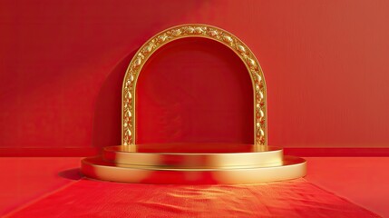 Golden podium at the end of a red carpet - obrazy, fototapety, plakaty