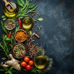 Gourmet chefs spices and ingredients layout with herbs oils - obrazy, fototapety, plakaty