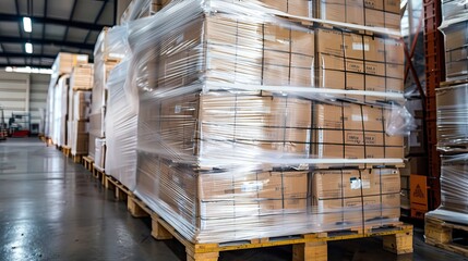 Pallets of goods being wrapped in plastic for international shipping - obrazy, fototapety, plakaty