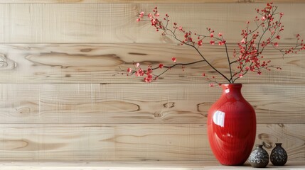 Plain plywood wall with one striking red Japanese vase - obrazy, fototapety, plakaty