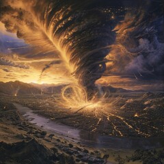 Apocalyptic Vision of a Tornado Engulfing a City at Sunset