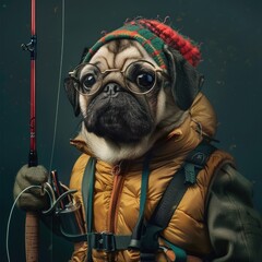 Pug in a fishing outfit with a vest and fishing rod - obrazy, fototapety, plakaty