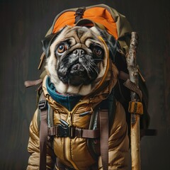 Pug in a hikers outfit with a backpack and walking stick - obrazy, fototapety, plakaty