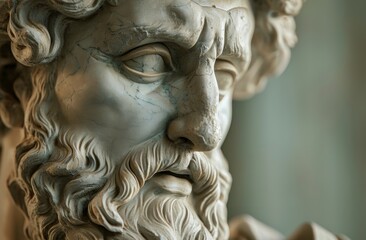 Close-up of a classical sculpture's face with intricate details
