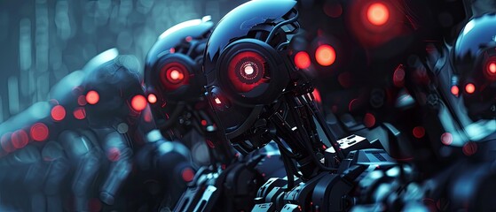 An army of faceless robots with glowing red eyes