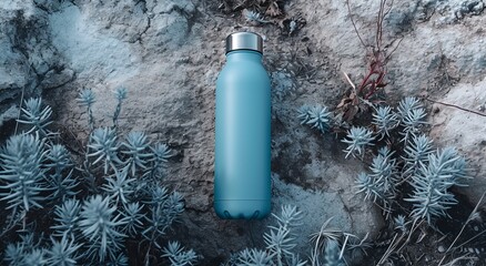 Reusable water bottle in a natural outdoor setting - obrazy, fototapety, plakaty