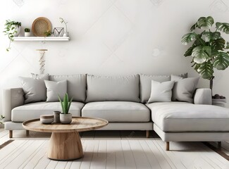 Scandinavian style living room interior with a gray sofa, wooden coffee table and modern home decor in the style of a mockup