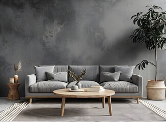Scandinavian style living room interior with a gray sofa, wooden coffee table and modern home decor in the style of a mockup