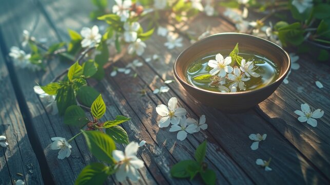 Bowl of water with spring blossoms on a wooden surface