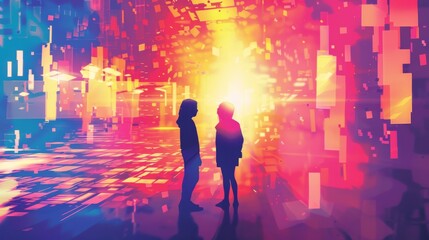 Craft a scene of star-crossed lovers meeting in a surreal digital realm, depicted in vector style with glitch art elements Showcase the emotional intensity through unexpected angles,