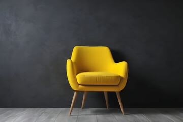 Stylish bright yellow chair against a dark gray wall. Stylish chair on wall background, copy space, fashionable interior. Chair in the dark