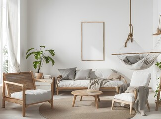 Simplified Scandinavian bedroom with white walls, wooden furniture and plants