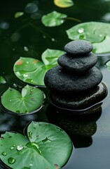 Zen stones on water with lotus leaves