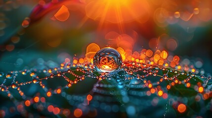 A droplet of morning dew clings to the edge of a spider's web, refracting the world around it into a miniature, upside-down universe. - obrazy, fototapety, plakaty