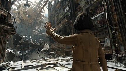 Illustrate a surreal fusion of historical events and dystopian visons in a 3D rendering Ensure the virtual reality experience feels immersive and unsettling from an eye-level perspective,