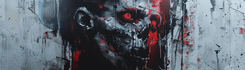 Illustrate a terrifying graffiti mural on a gritty urban wall, infusing street art vibes with spine-chilling horror details in a digital glitch art style,