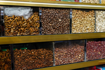 A display case filled with various nuts in Tangier, Morocco